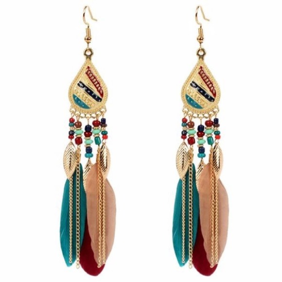 Boho Multi-Colored Feather Gold Chain Earrings - Picture 1 of 8